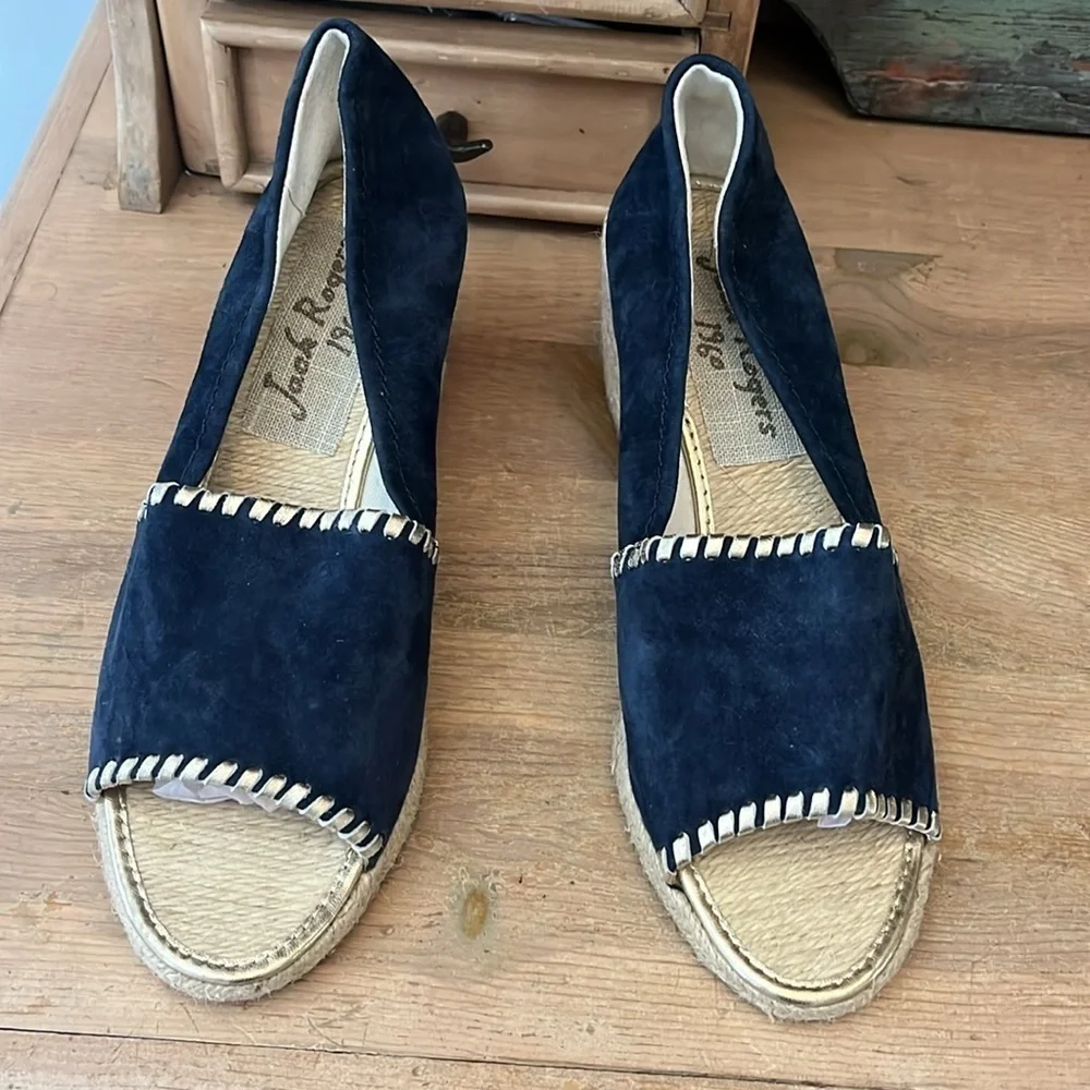Jack Rogers Palmer Wedge Espadrilles Blue Suede Gold Trim Size 10 Peep Toes